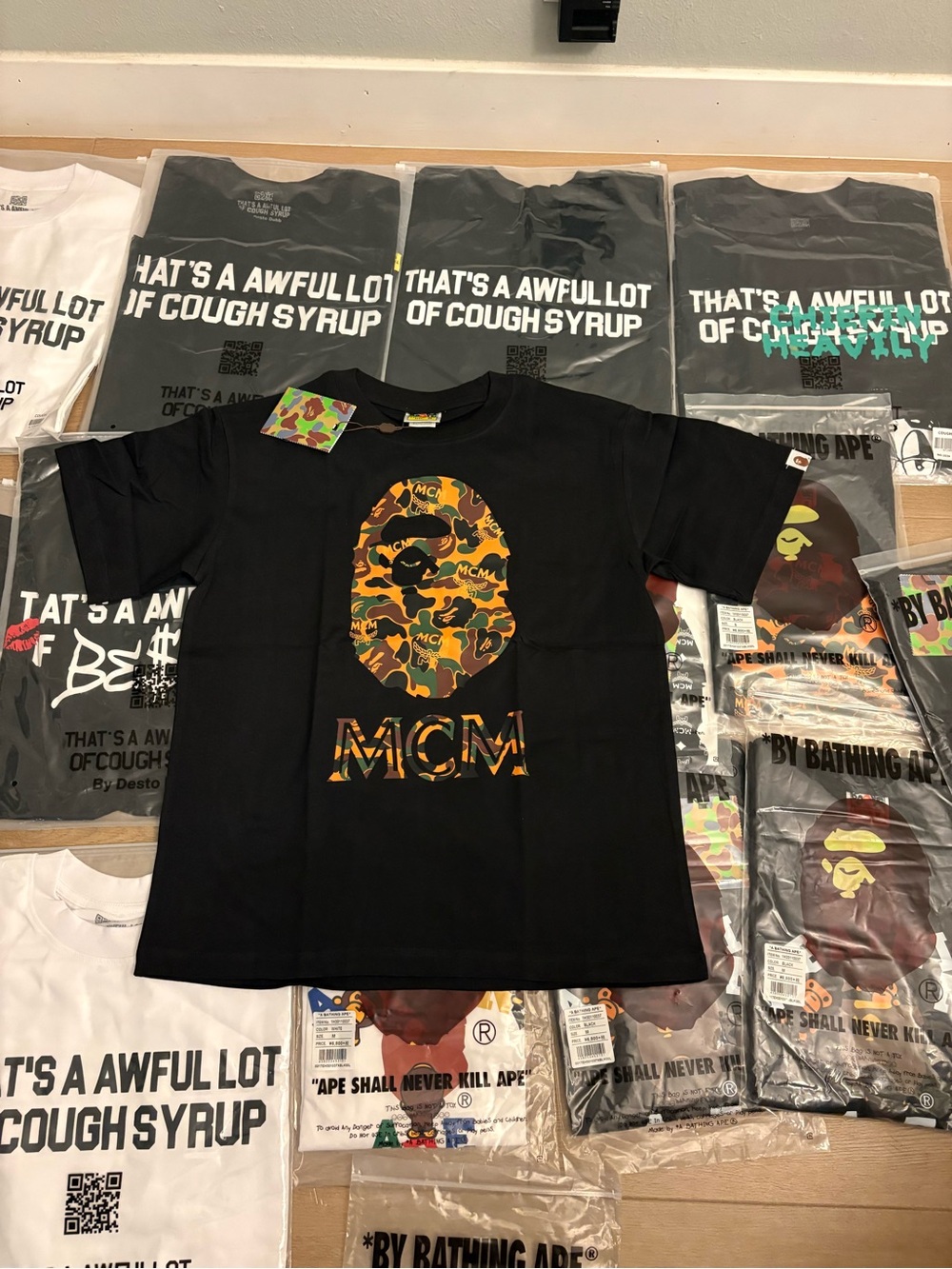 Bape Black Tee with Orange & Green Camo Ape Logo